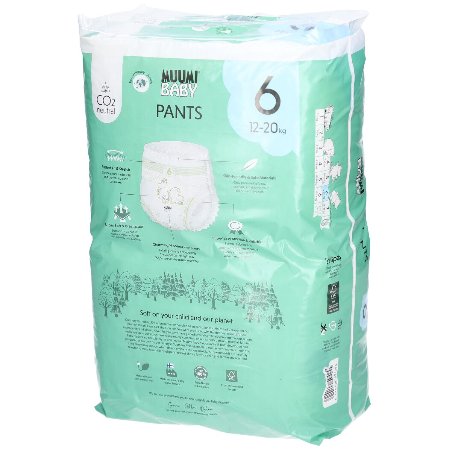 Paquet de Muumi Baby Pants, taille 6 (12-20 kg). Vert menthe avec illustration du produit et informations.