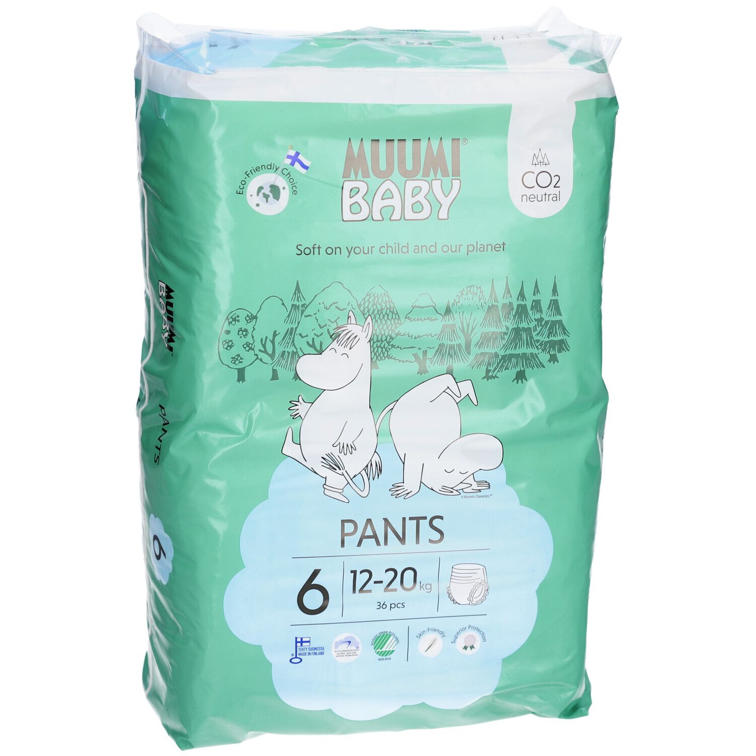 Paquet de Muumi Baby Pants, taille 6 (12-20 kg). Vert menthe avec illustrations, nom du produit et indication de taille.
