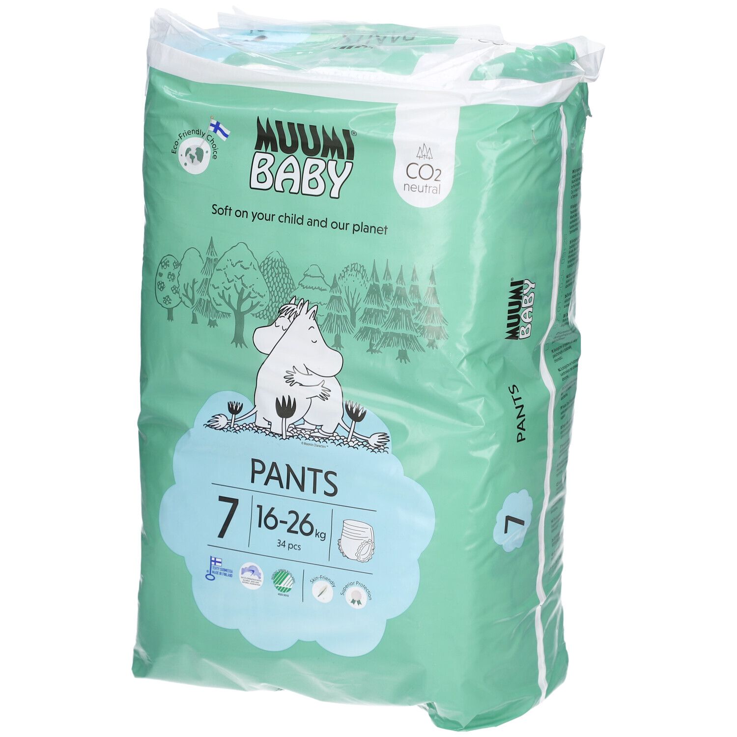 Paquet de culottes. Marque : Muumi Baby. Taille 7, 16-26 kg. Emballage vert et blanc avec illustrations et texte.