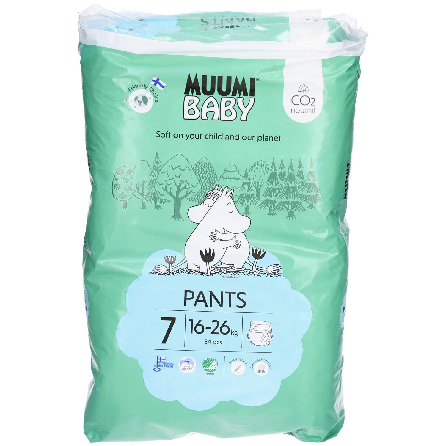 Paquet de culottes. Marque : Muumi Baby. Taille 7, 16-26 kg. Emballage vert et blanc avec illustrations et texte.