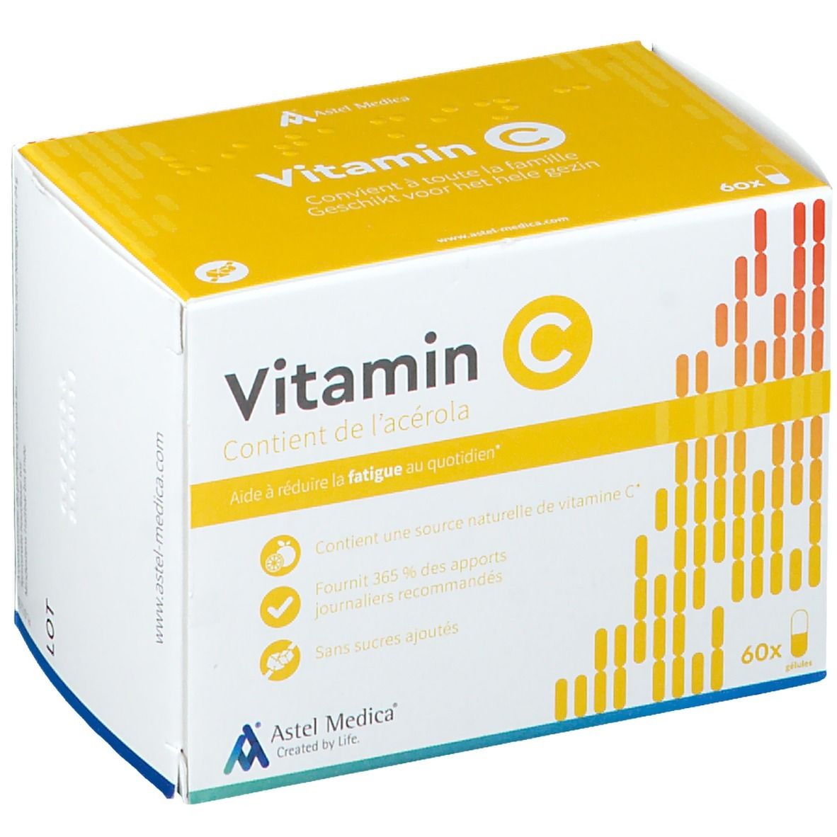 Astel Medica Vitamin C Packung mit 60 Kapseln, enthält Acerola, reduziert Müdigkeit.