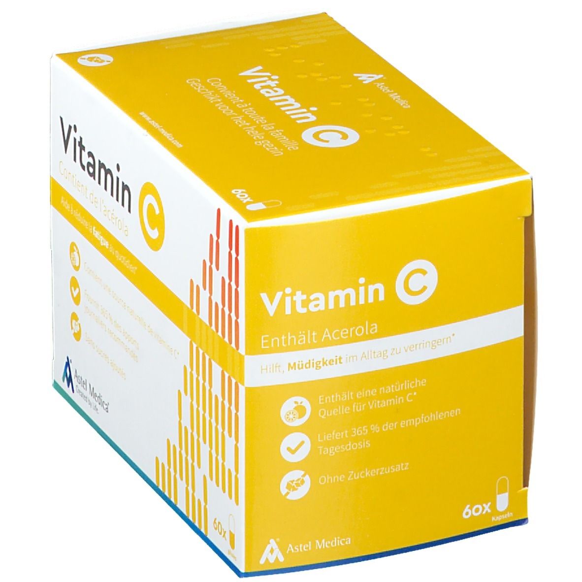 Astel Medica Vitamin C Packung mit 60 Kapseln, enthält Acerola, reduziert Müdigkeit.
