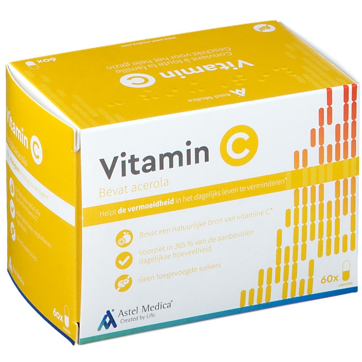 Astel Medica Vitamin C Packung mit 60 Kapseln, enthält Acerola, reduziert Müdigkeit.