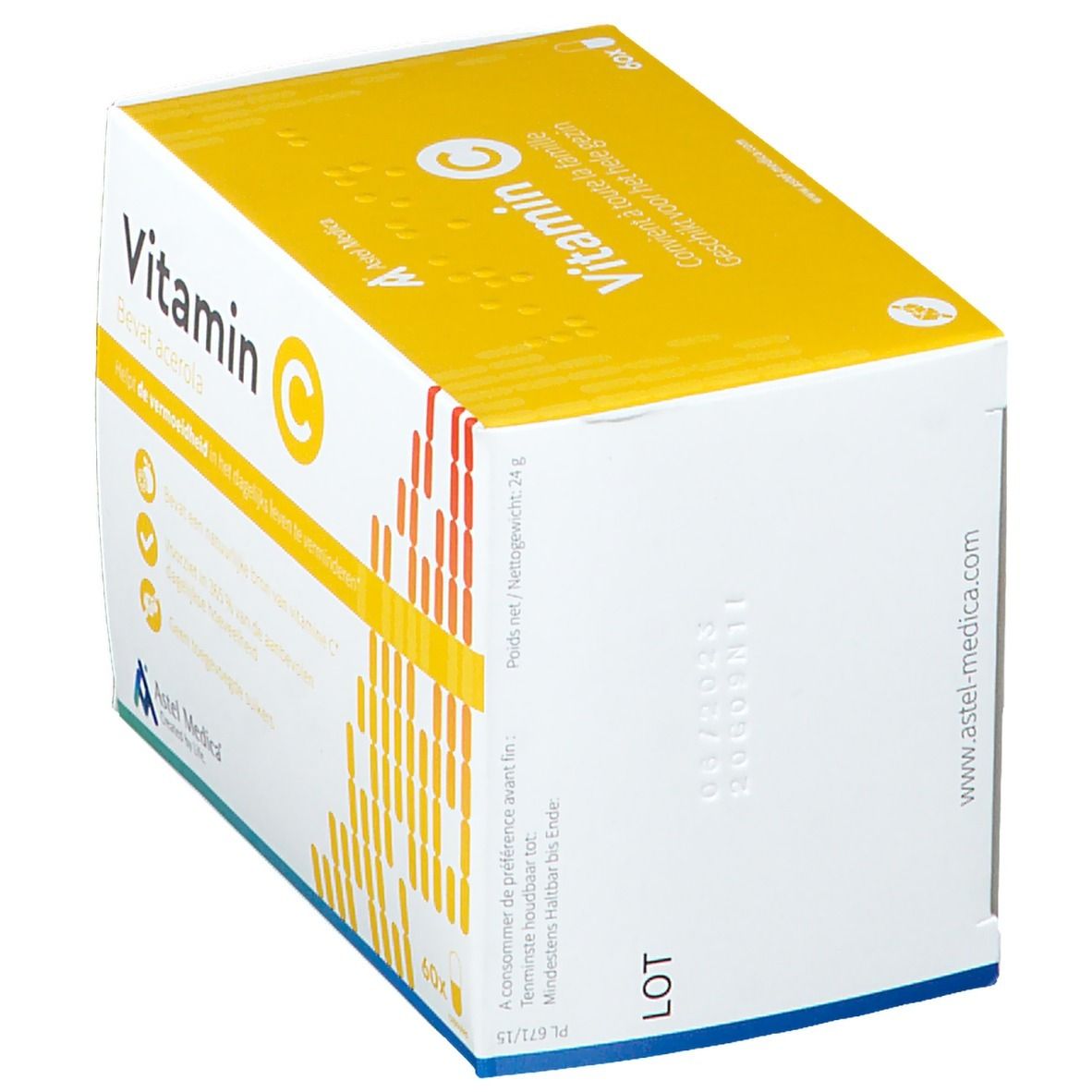 Astel Medica Vitamin C Packung mit 60 Kapseln, enthält Acerola, reduziert Müdigkeit.