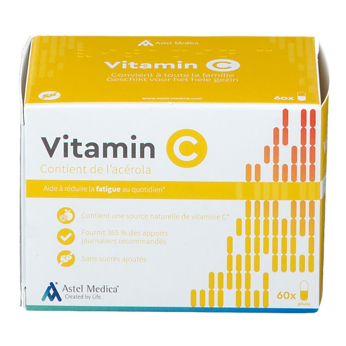 Astel Medica Vitamin C Packung mit 60 Kapseln, enthält Acerola, reduziert Müdigkeit.
