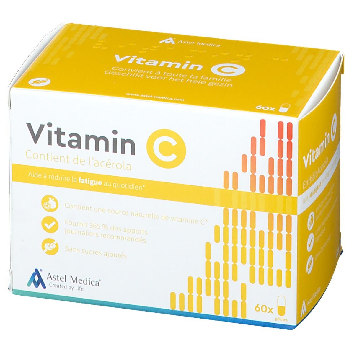 Astel Medica Vitamin C Packung mit 60 Kapseln, enthält Acerola, reduziert Müdigkeit.