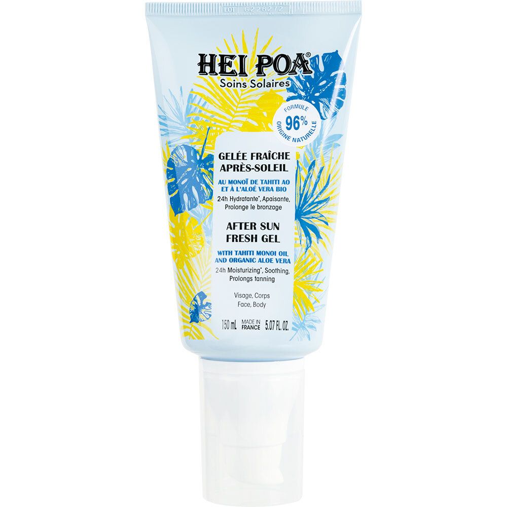 Tube AFTER SUN MILK TIARE. Graphiques bleus et jaunes. Texte: HEI POA, Après-Soleil, 96% ingrédients d'origine naturelle.
