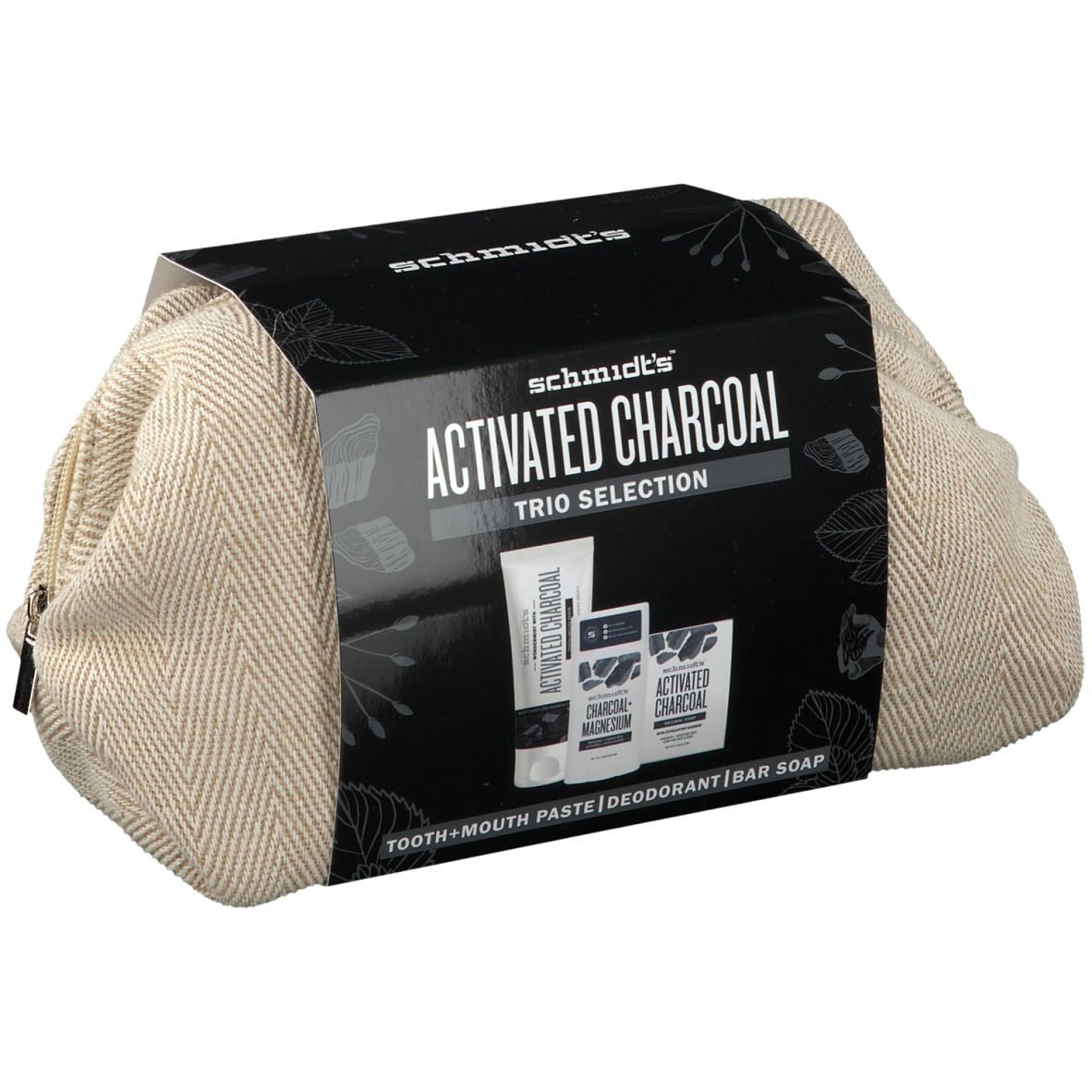 Coffret cadeau de produits au charbon actif. Contient dentifrice, déodorant et savon. Emballé dans une trousse beige zippée.