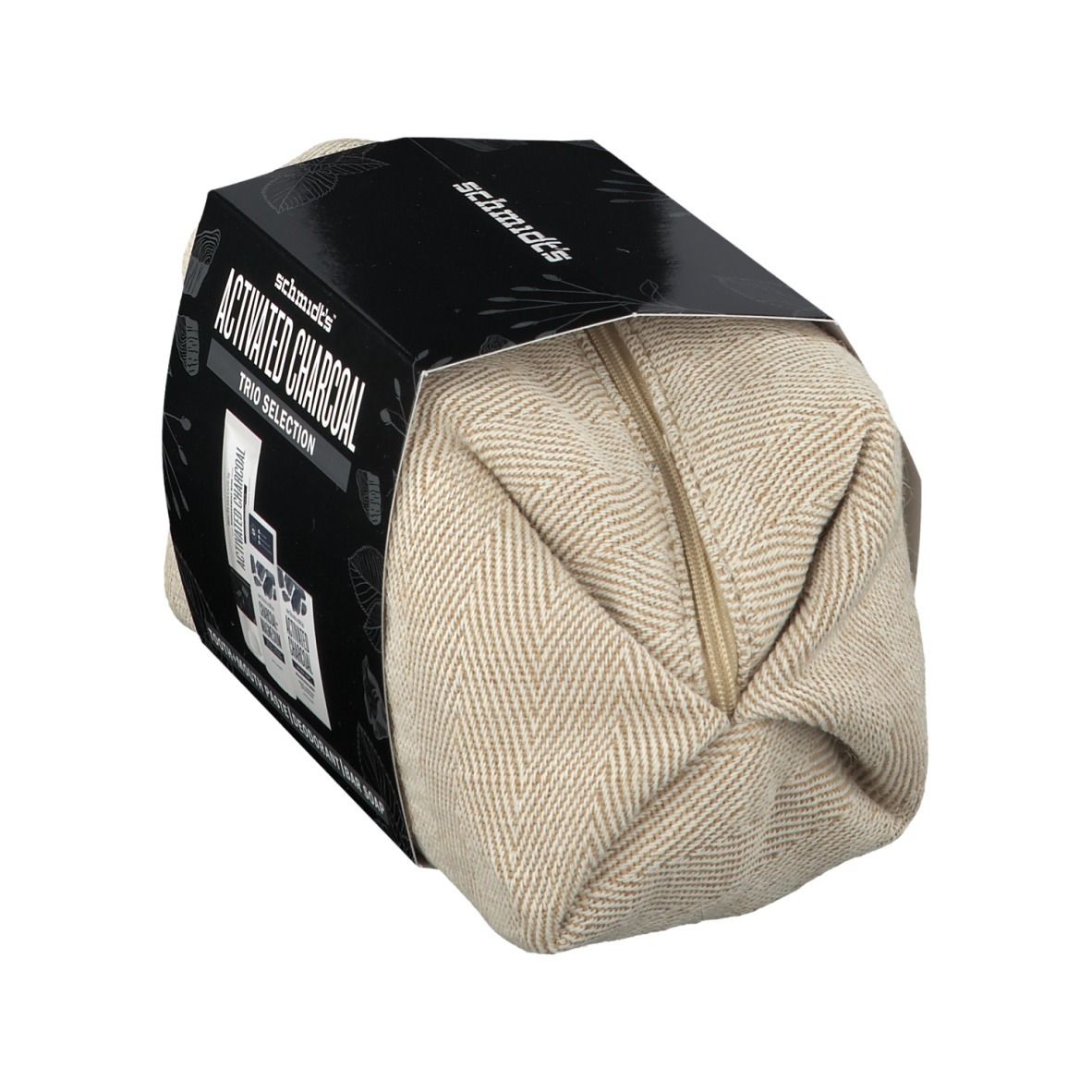 Coffret cadeau au charbon actif, emballé dans une trousse beige zippée. Emballage noir avec noms de produits.