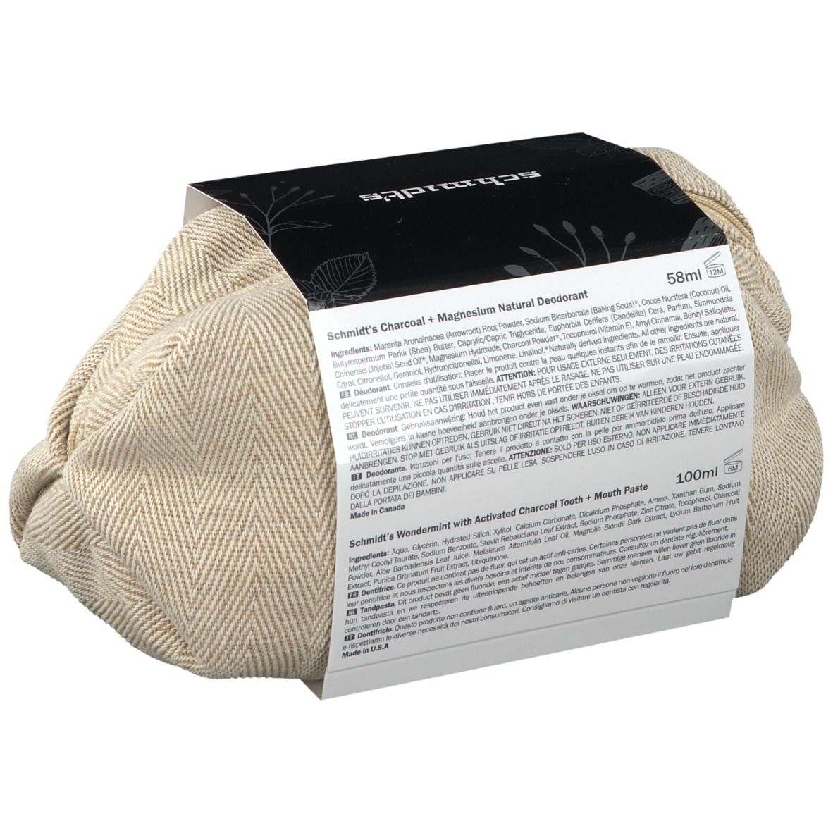 Dos du coffret cadeau au charbon actif. Contient des informations sur les ingrédients et les quantités. Trousse beige.