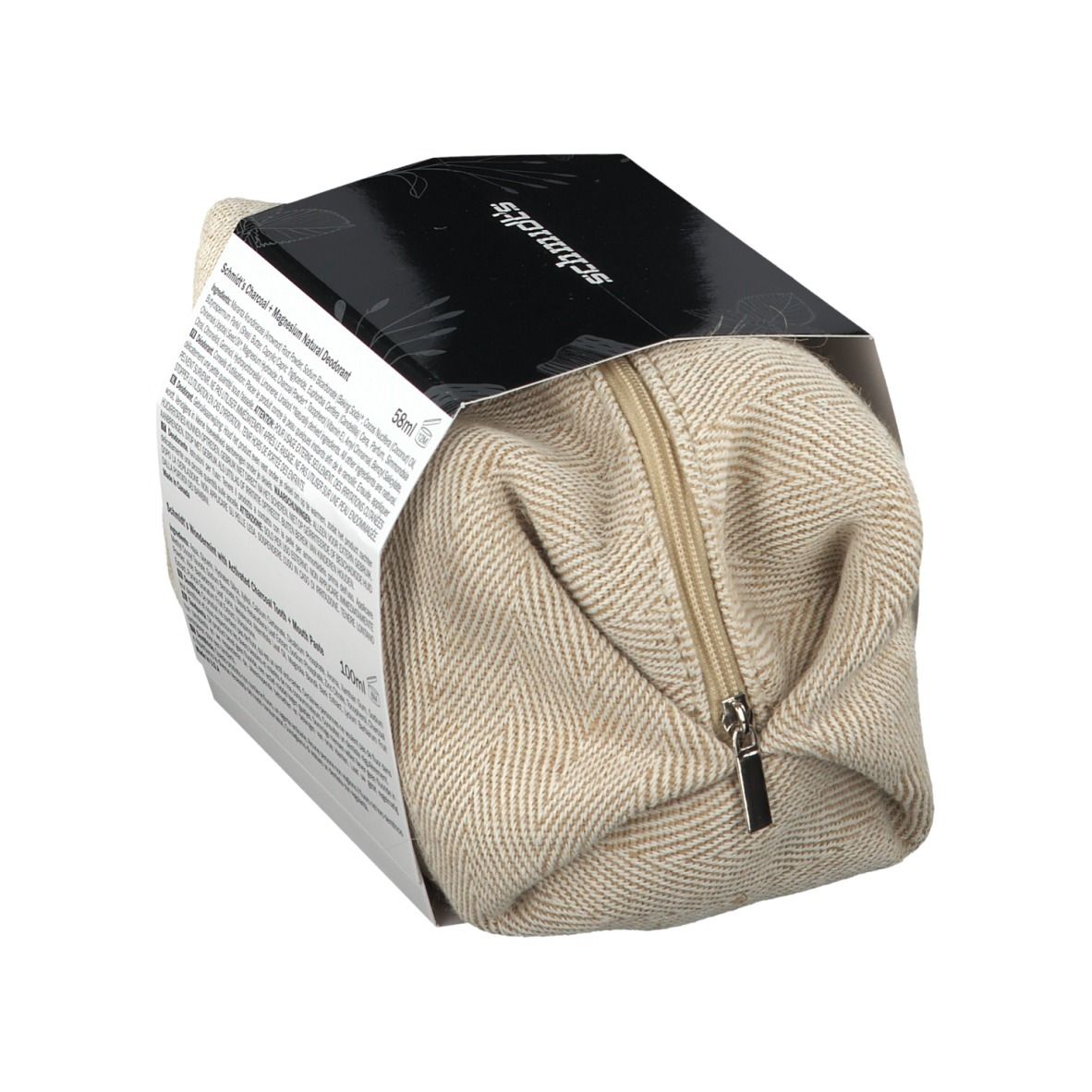 Coffret cadeau au charbon actif, partiellement ouvert. Trousse beige zippée. Emballage noir avec noms de produits.