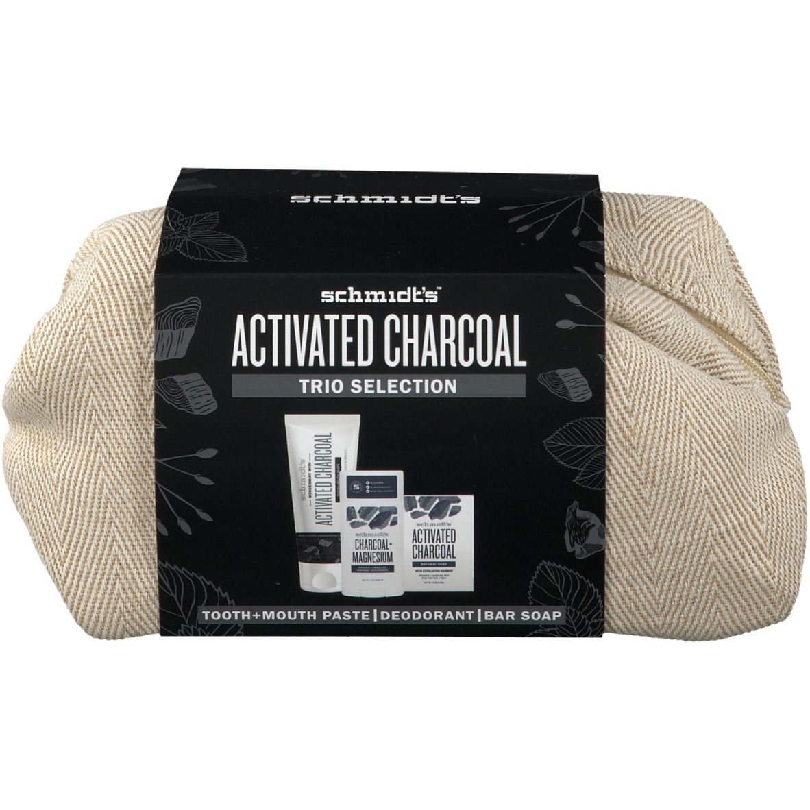 Coffret cadeau de produits au charbon actif. Contient dentifrice, déodorant et savon. Trousse beige zippée.