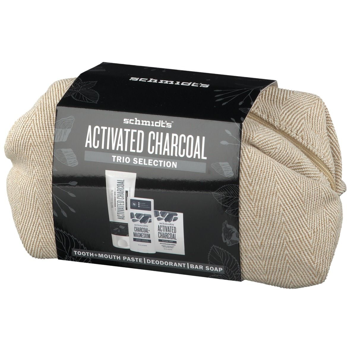 Coffret cadeau de produits au charbon actif. Contient dentifrice, déodorant et savon. Trousse beige zippée.