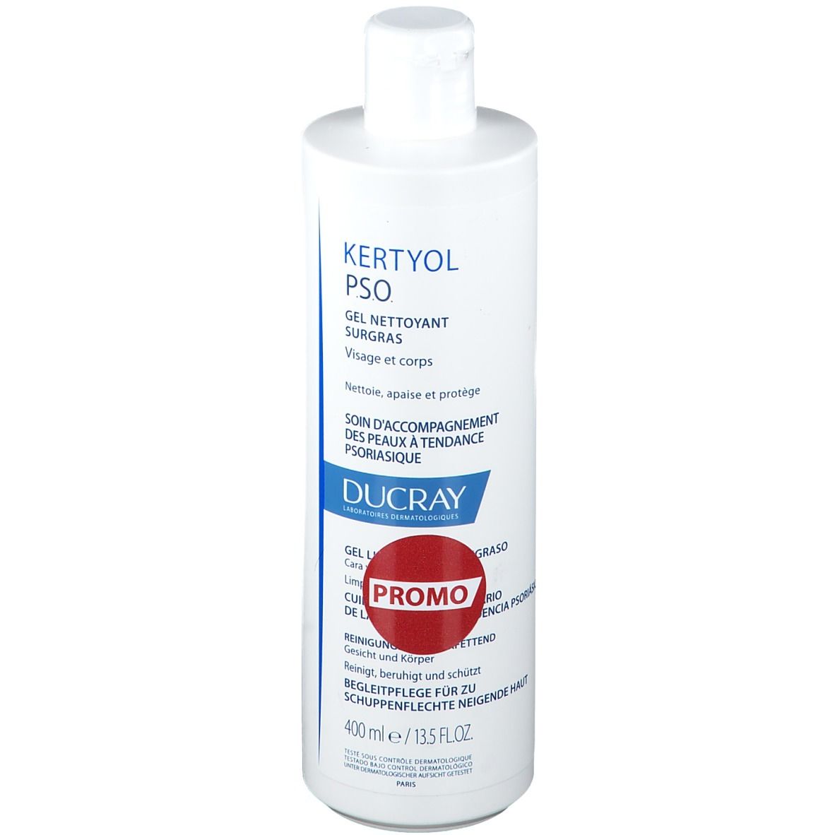 Flacon blanc Kertyol PSO Gel Nettoyant Surgras. Étiquette promo. Inscription: Visage et corps. 400 ml.