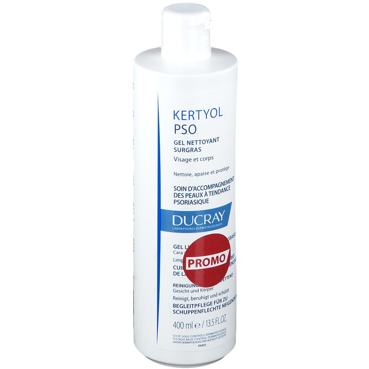 Flacon blanc Kertyol PSO Gel Nettoyant Surgras. Étiquette promo. Inscription: Visage et corps. 400 ml.
