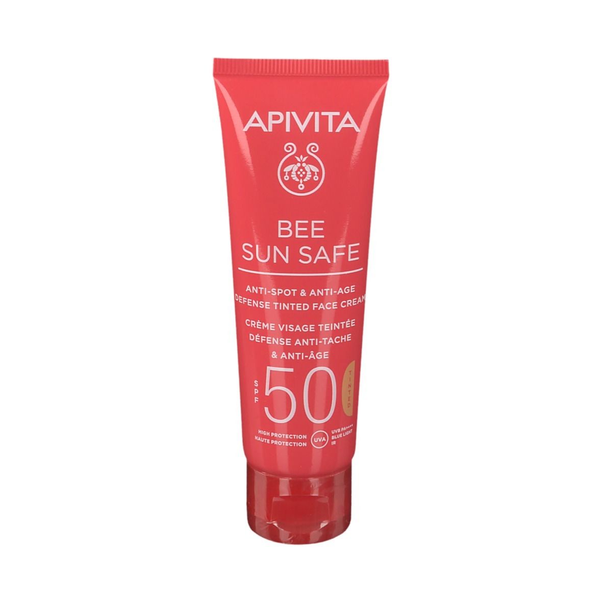 Tube rouge avec texte blanc. Inscription: APIVITA, BEE SUN SAFE, Anti-taches & Anti-âge, crème teintée visage, SPF 50.