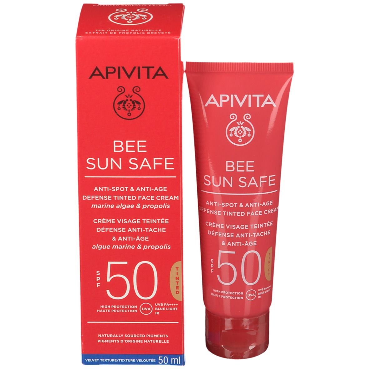 Tube et boîte rouges. Inscription: APIVITA, BEE SUN SAFE, Anti-taches & Anti-âge, crème teintée visage, SPF 50. 50 ml.