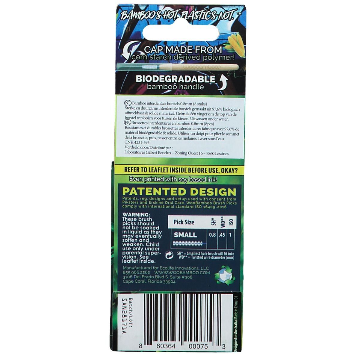Verpackung mit Interdentalbürsten. Griff aus Bambus. Größe 0,8 mm. Aufdrucke: „BIODEGRADABLE bamboo handle“ und „PATENTED DESIGN“.
