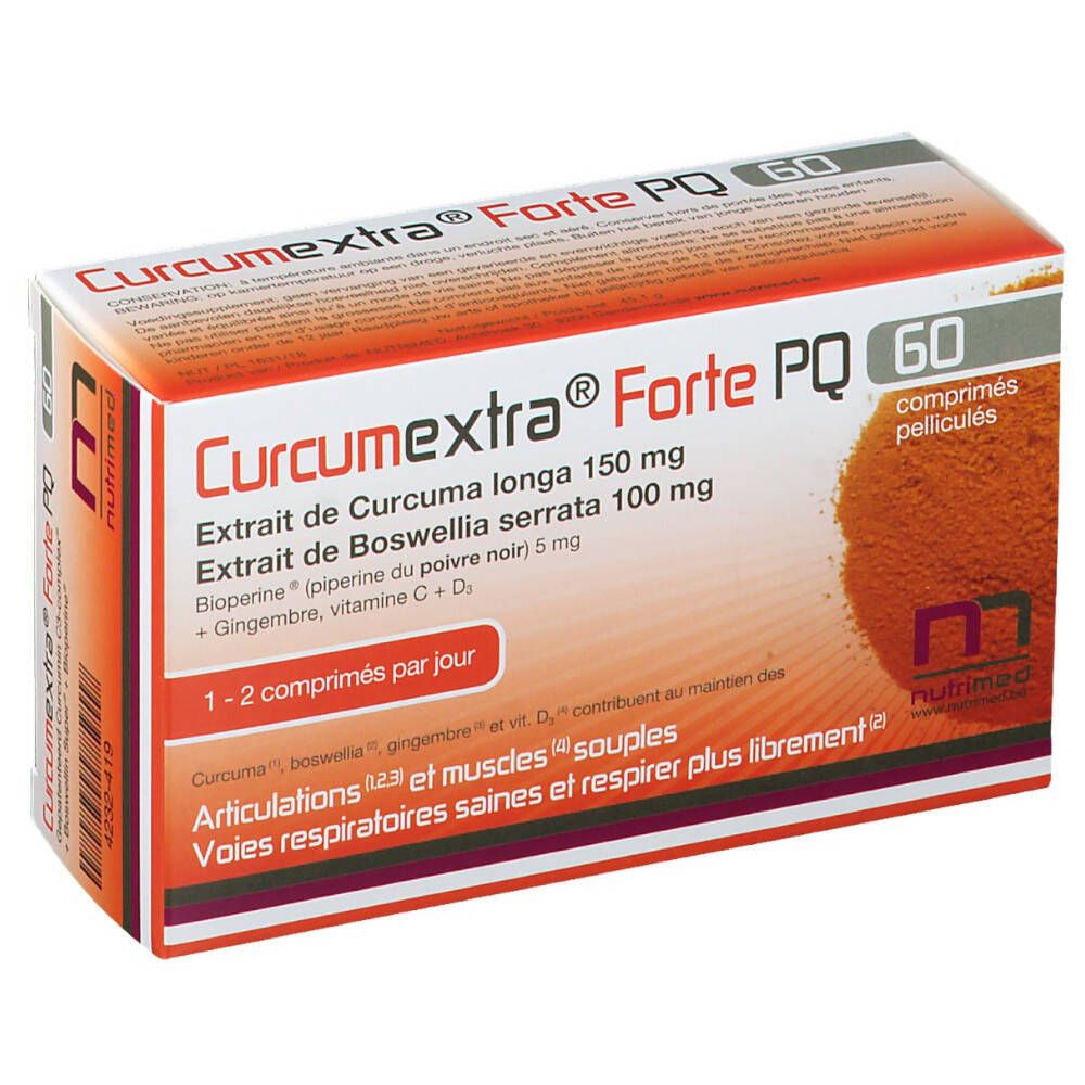 Boîte de Curcumextra Forte PQ avec 60 comprimés. Contient curcuma, boswellia, gingembre et vitamines. Boîte blanche et orange.