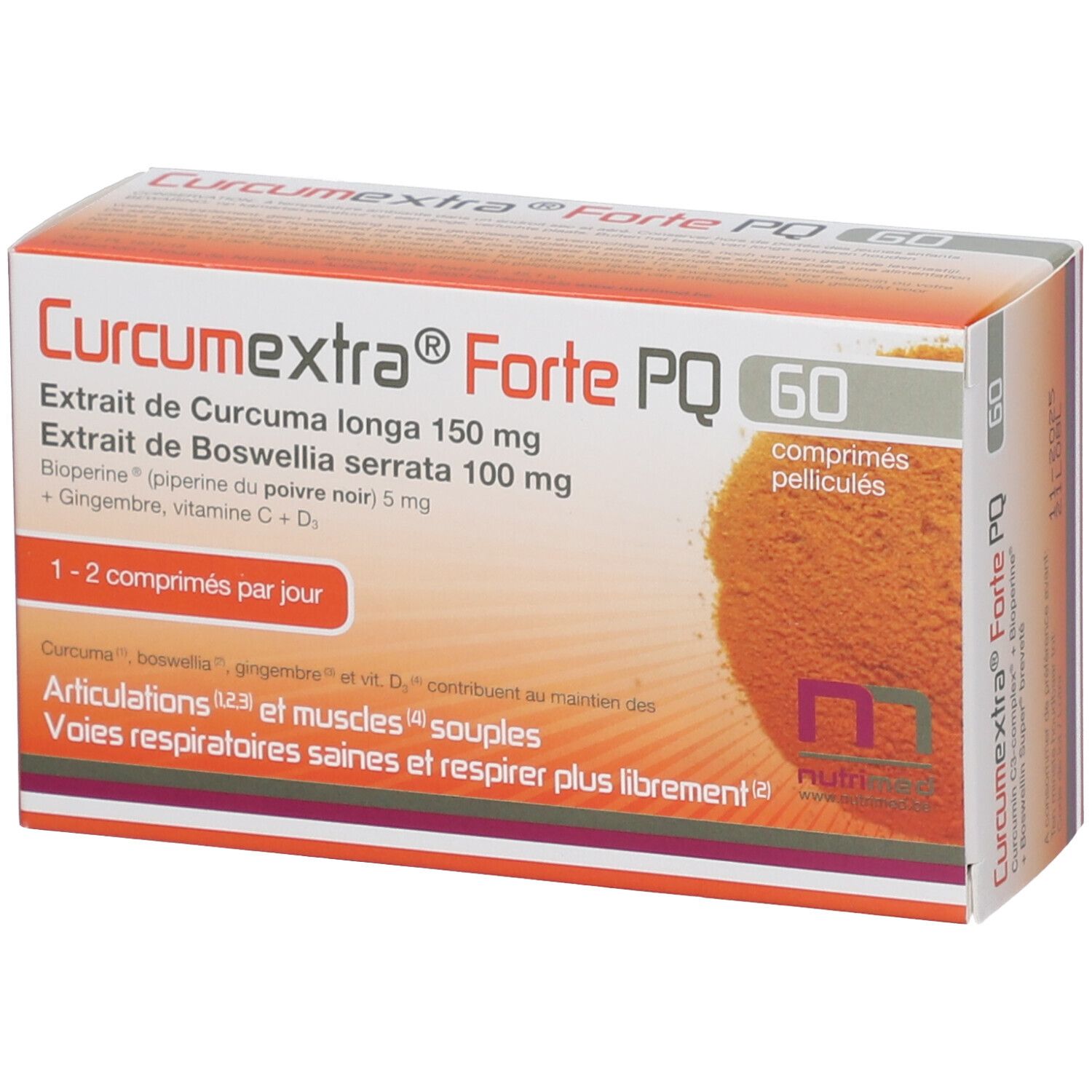 Verpackung von Curcumextra Forte PQ mit 60 Tabletten. Enthält Kurkuma, Boswellia, Ingwer und Vitamine. Weiße und orangefarbene Box.