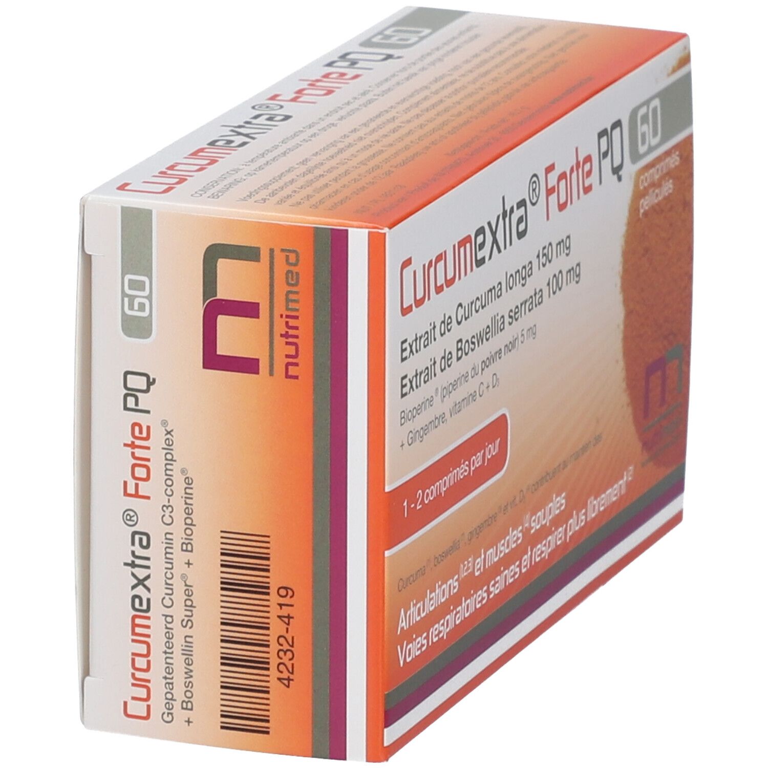Schräg gestellte Verpackung von Curcumextra Forte PQ mit 60 Tabletten. Enthält Kurkuma, Boswellia, Ingwer und Vitamine. Weiße und orangefarbene Box.