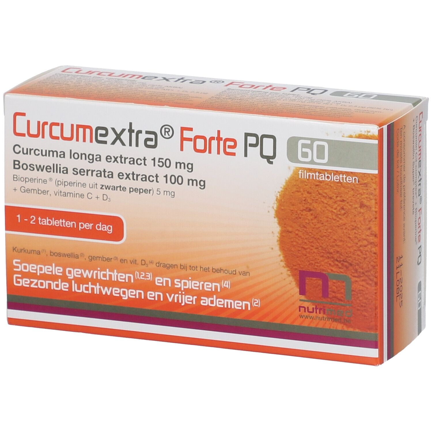 Verpackung von Curcumextra Forte PQ mit 60 Tabletten. Enthält Kurkuma, Boswellia, Ingwer und Vitamine. Weiße und orangefarbene Box.