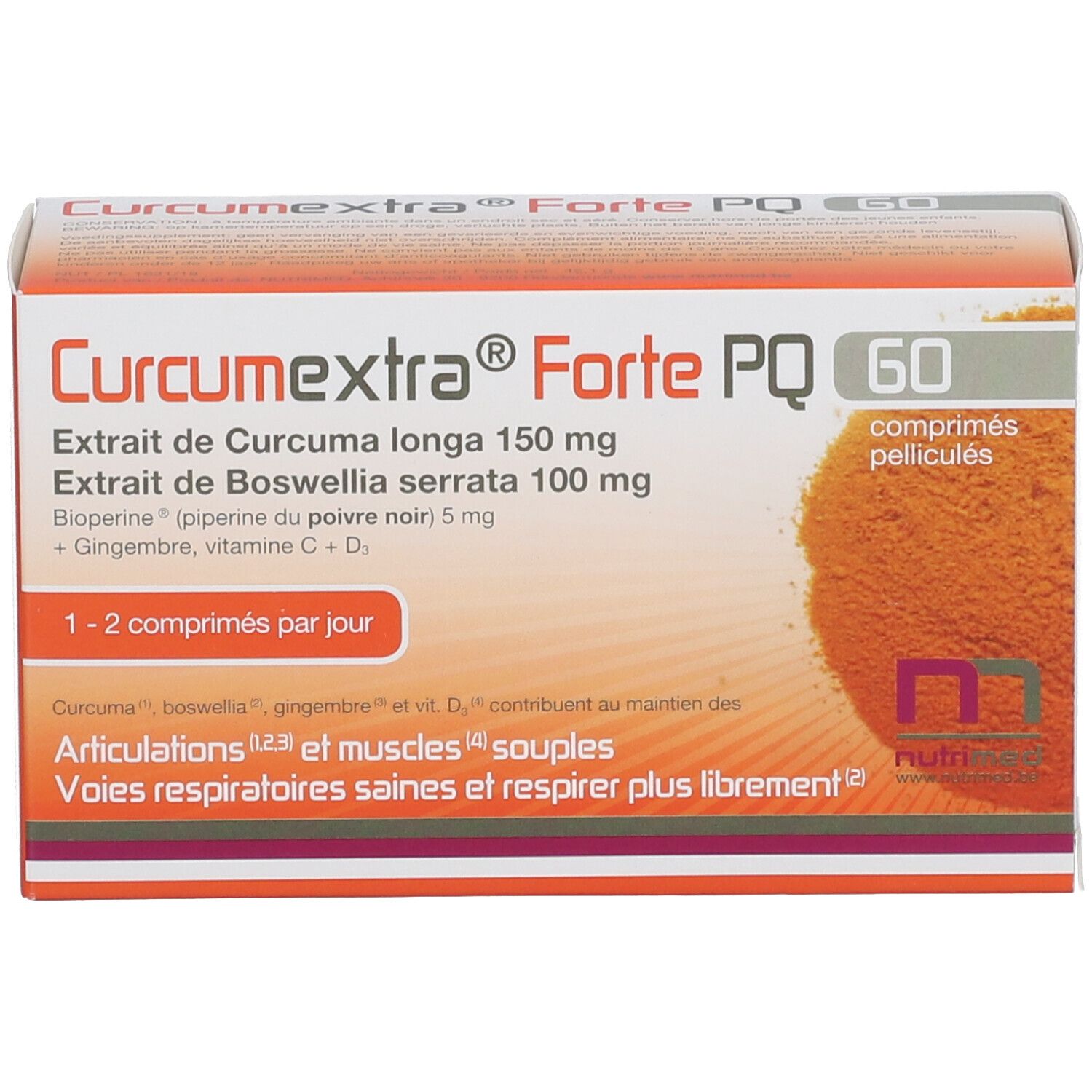 Verpackung von Curcumextra Forte PQ mit 60 Tabletten. Enthält Kurkuma, Boswellia, Ingwer und Vitamine. Weiße und orangefarbene Box.