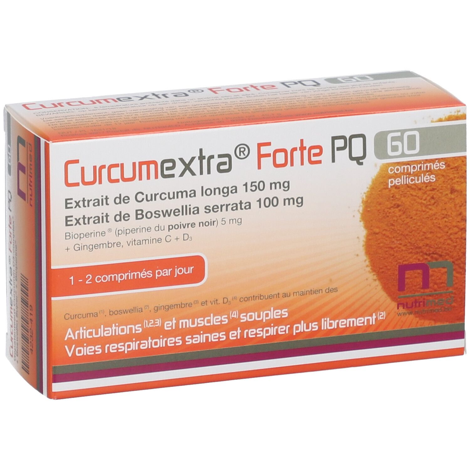 Schräg gestellte Verpackung von Curcumextra Forte PQ mit 60 Tabletten. Enthält Kurkuma, Boswellia, Ingwer und Vitamine. Weiße und orangefarbene Box.