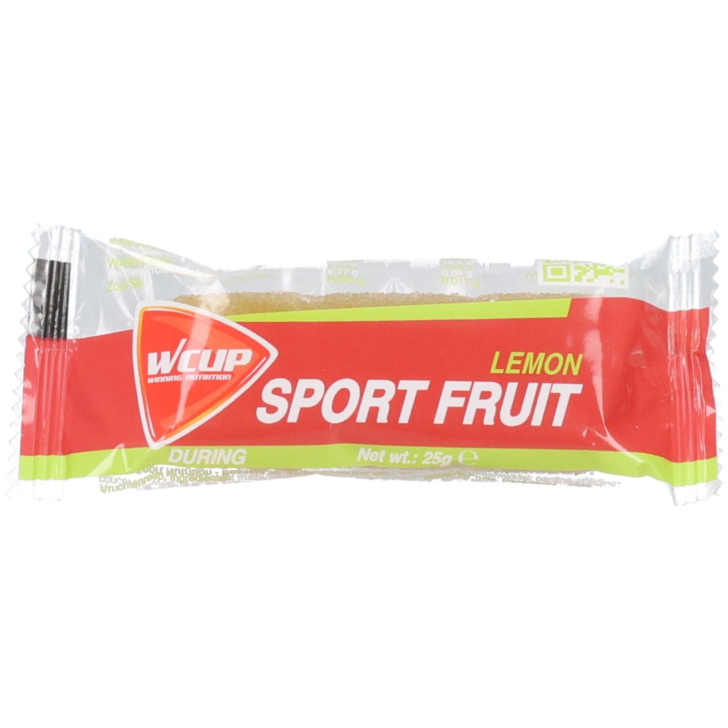 Verpackung mit rotem Etikett. Aufschrift: Wcup Sport Fruit Lemon. Netto: 25g. Transparentes, längliches Produkt sichtbar.