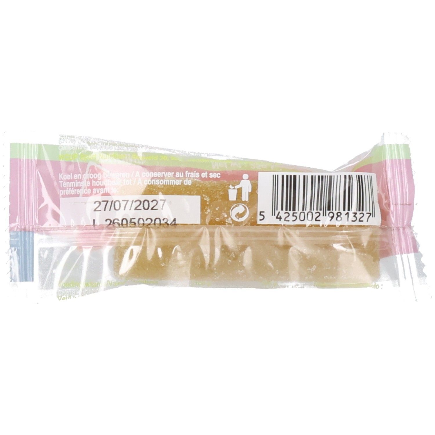 Transparente Verpackung mit Produkt. Aufdruck: Haltbarkeitsdatum, Barcode, Text. Längliche Form.