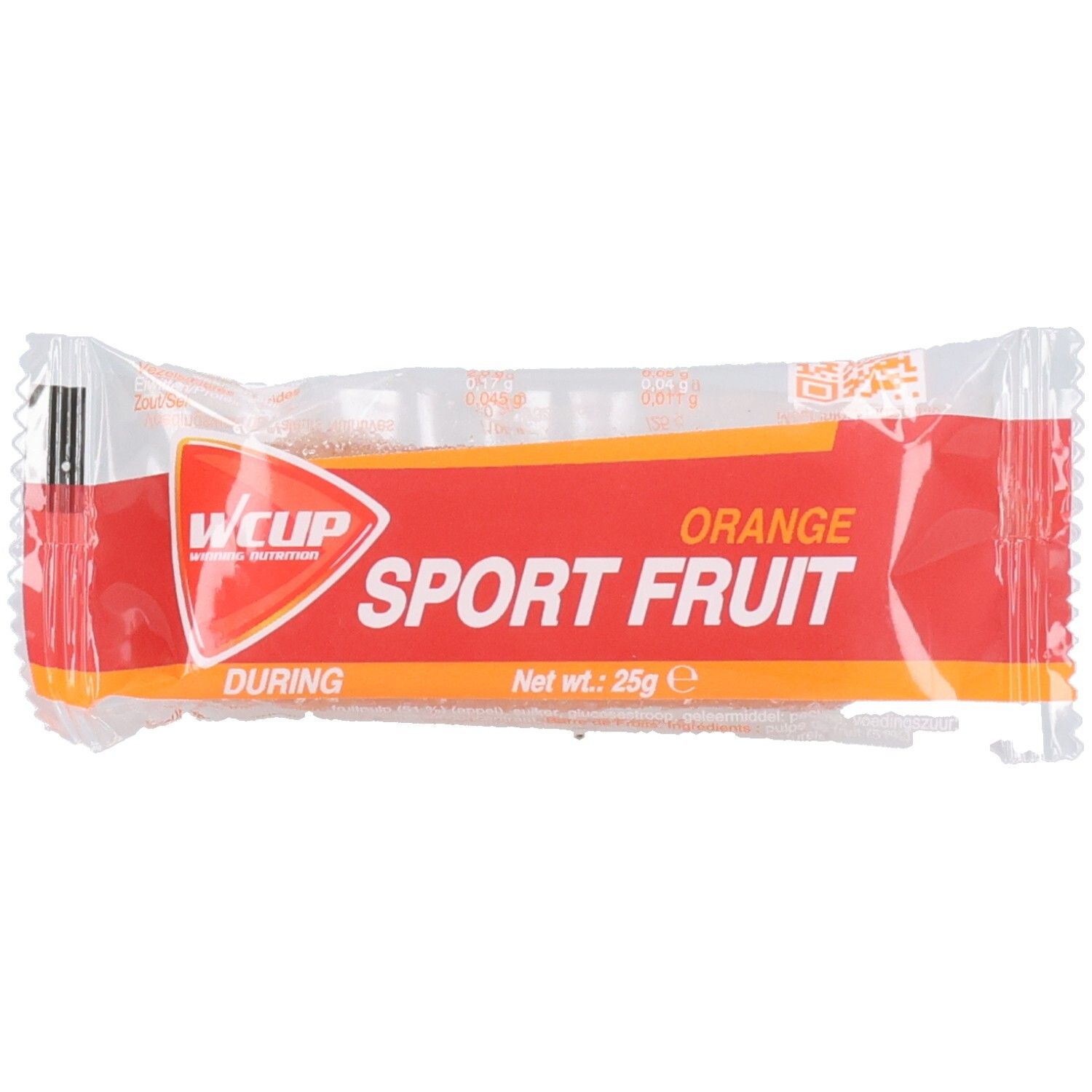 Barre Sport Fruit Orange emballée. Emballage rouge avec texte blanc. Logo et inscription 'Sport Fruit'. Poids net: 25g.