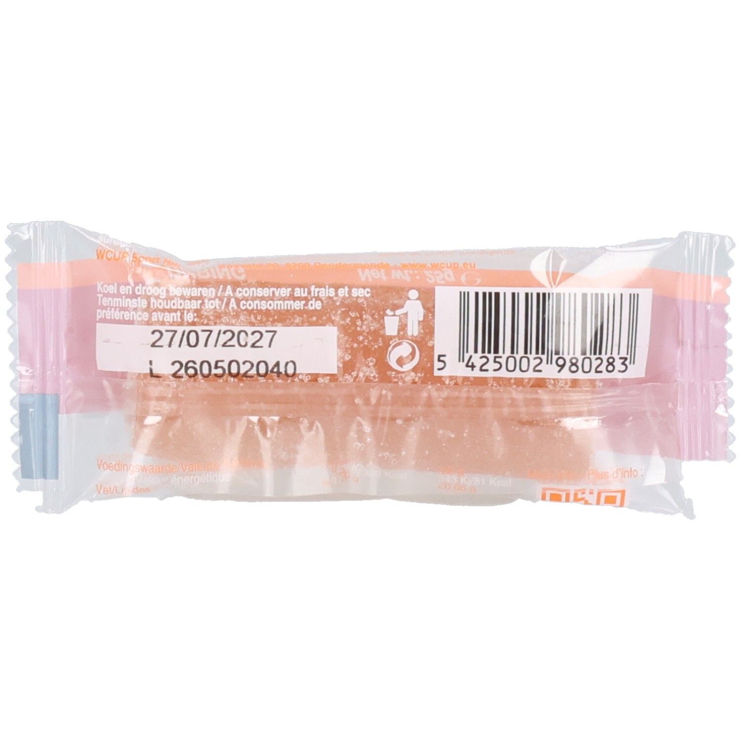 Dos de l'emballage Sport Fruit Orange. Contient code-barres, date de péremption et texte. Emballage transparent.