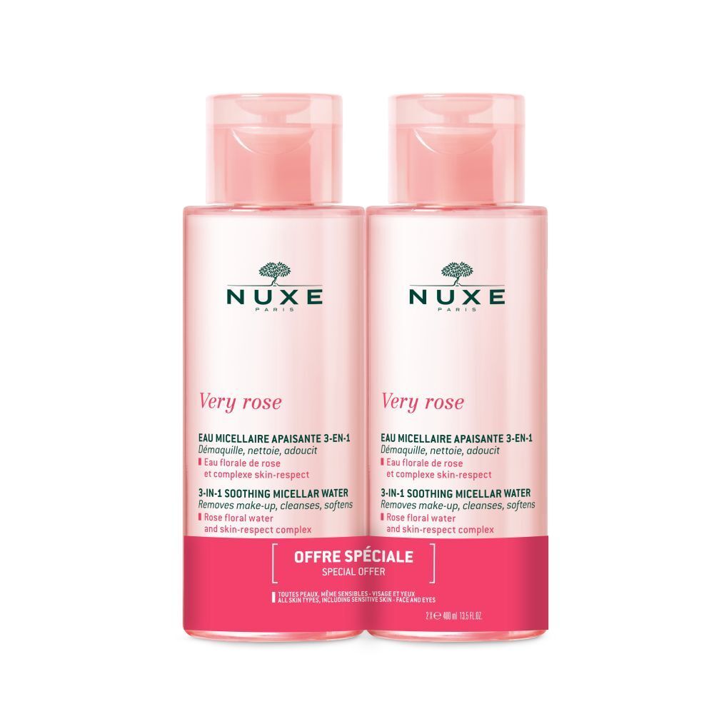 Deux flacons NUXE Very Rose. Flacons roses avec bouchons roses. Texte: Very Rose, Eau micellaire 3-en-1. Offre spéciale.