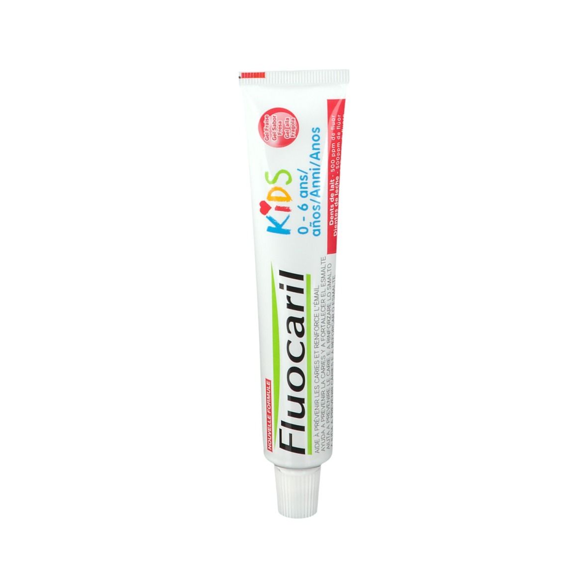 Zahnpasta-Tube für Kinder. Weiß, mit roter und grüner Schrift. Aufschrift: Fluocaril Kids 0-6 ans.