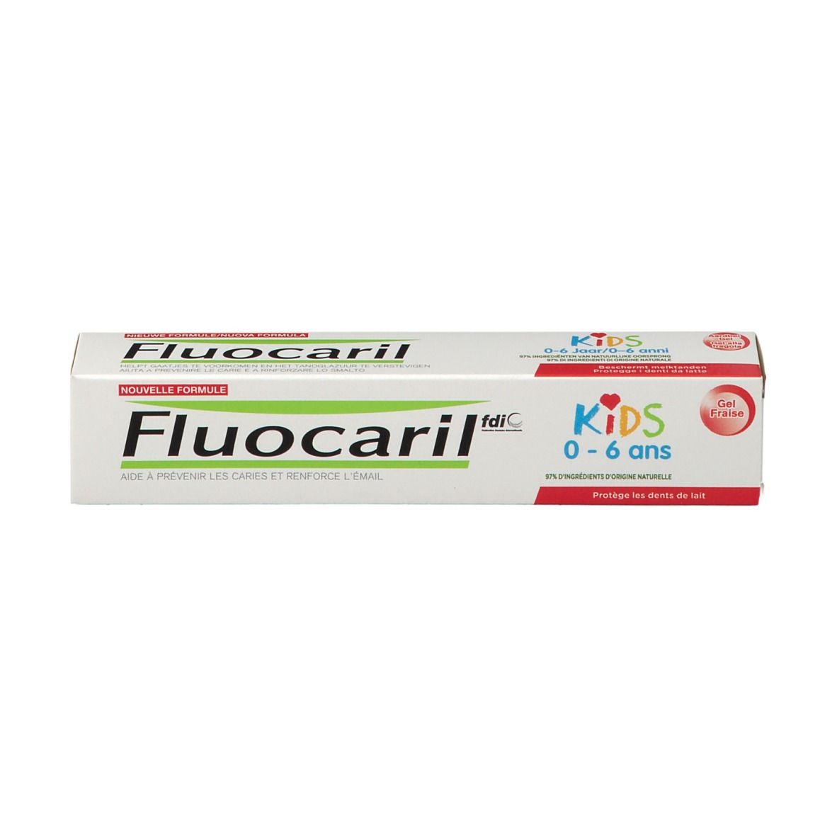Zahnpasta-Schachtel für Kinder. Weiß, mit roter und grüner Schrift. Aufschrift: Fluocaril Kids 0-6 ans.