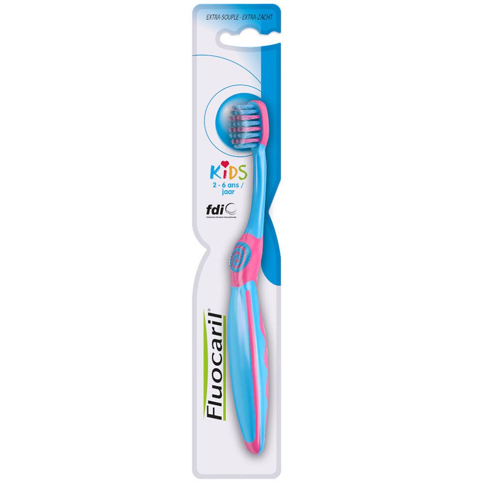 Zahnbürste für Kinder, blau-rosa, in Verpackung. Marke Fluocaril, mit fdiC-Logo. Für Kinder von 2-6 Jahren.