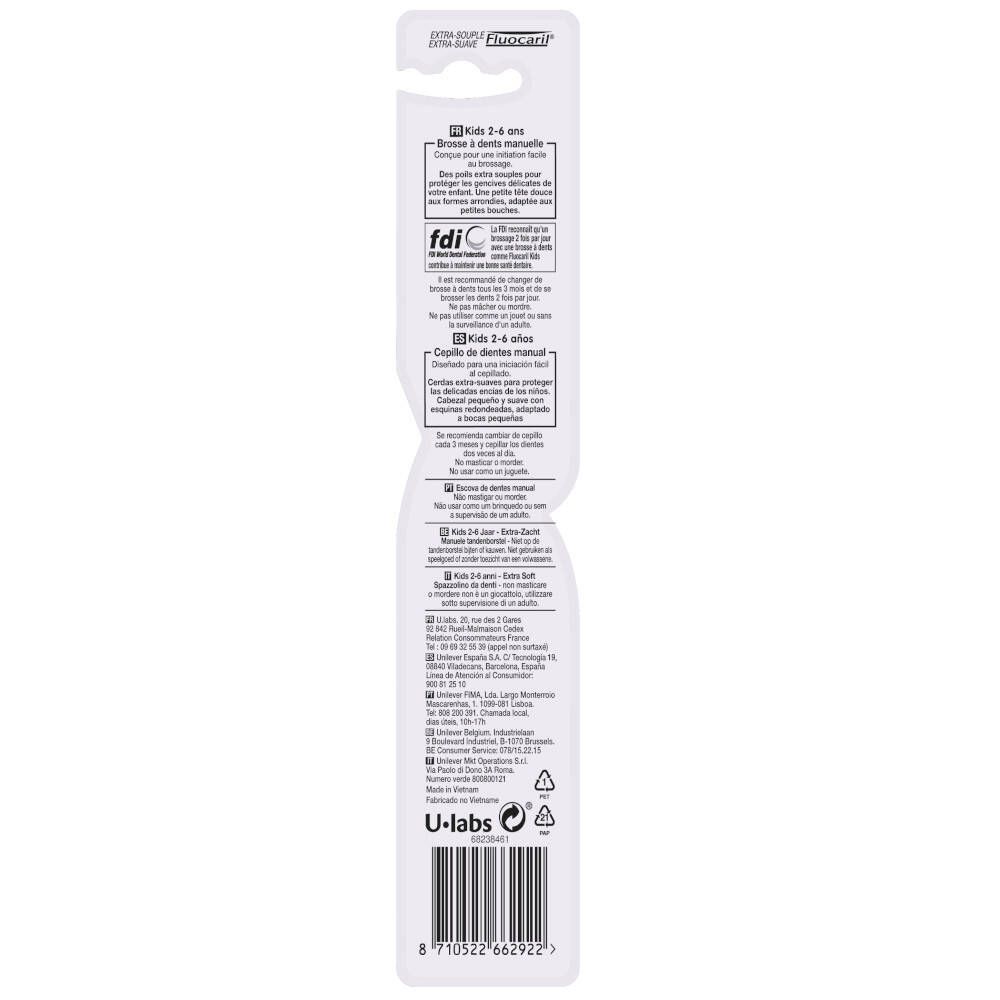 Rückseite der Verpackung einer Kinderzahnbürste. Text in mehreren Sprachen, Barcode und U-labs-Logo.