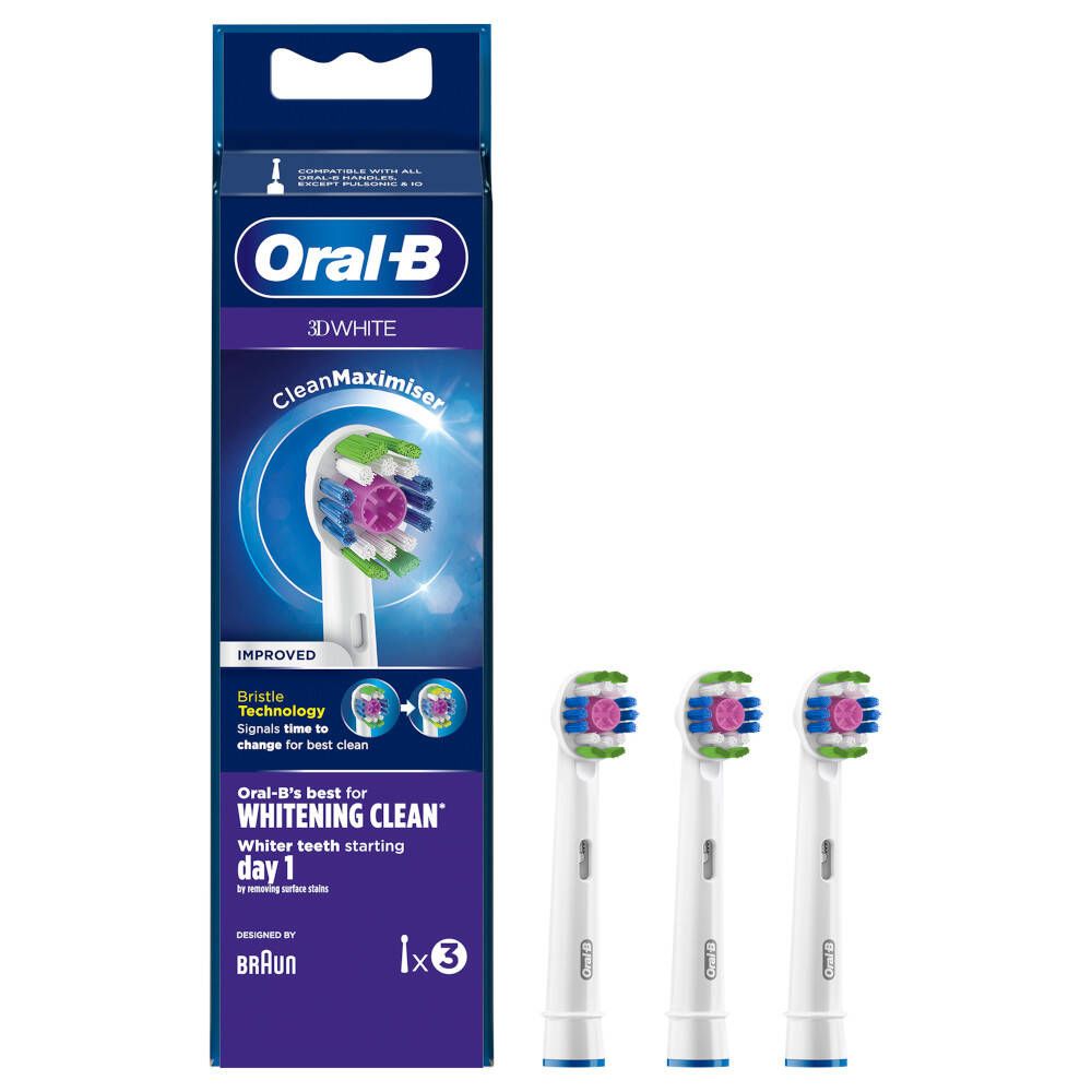 Zahnbürstenköpfe mit Verpackung. Oral-B 3D White, 3 Stück. Blaue Verpackung mit Produktabbildung und Text.