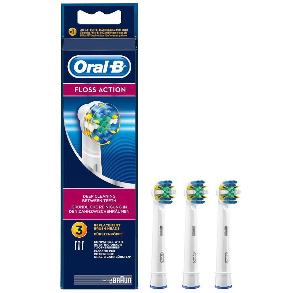 Oral-B Floss Action Aufsteckbürsten, 3 Stück. Blaue Verpackung mit Produktabbildung und Text. Kompatibel mit elektrischen Zahnbürsten.