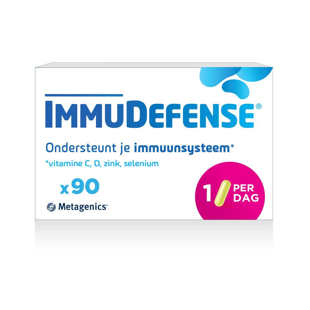 ImmuDefense-Packung. Enthält 90 Kapseln. Aufschrift: Unterstützt das Immunsystem. Metagenics-Logo.