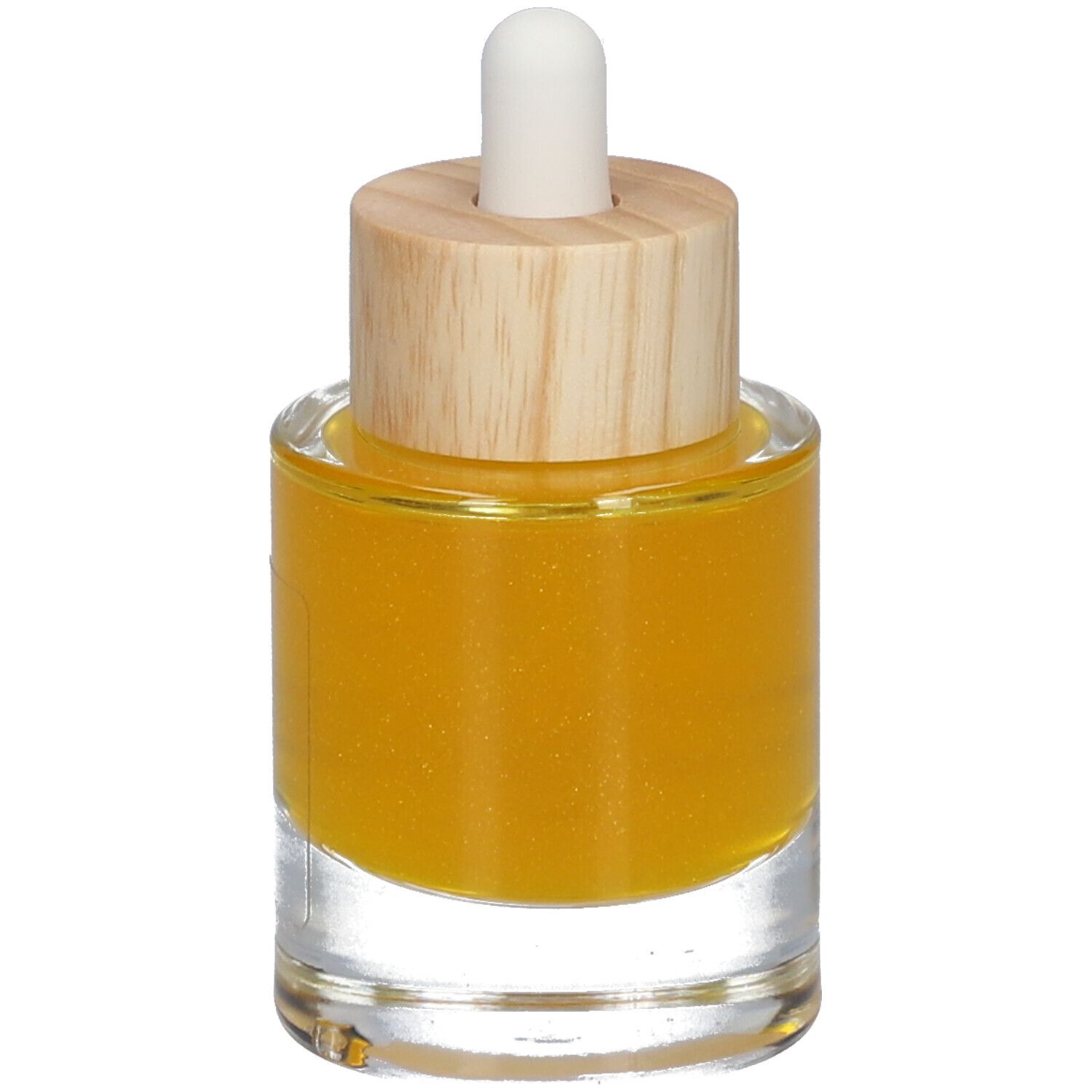 Glasflasche mit Holzdeckel und Pipette, gefüllt mit goldenem Öl.