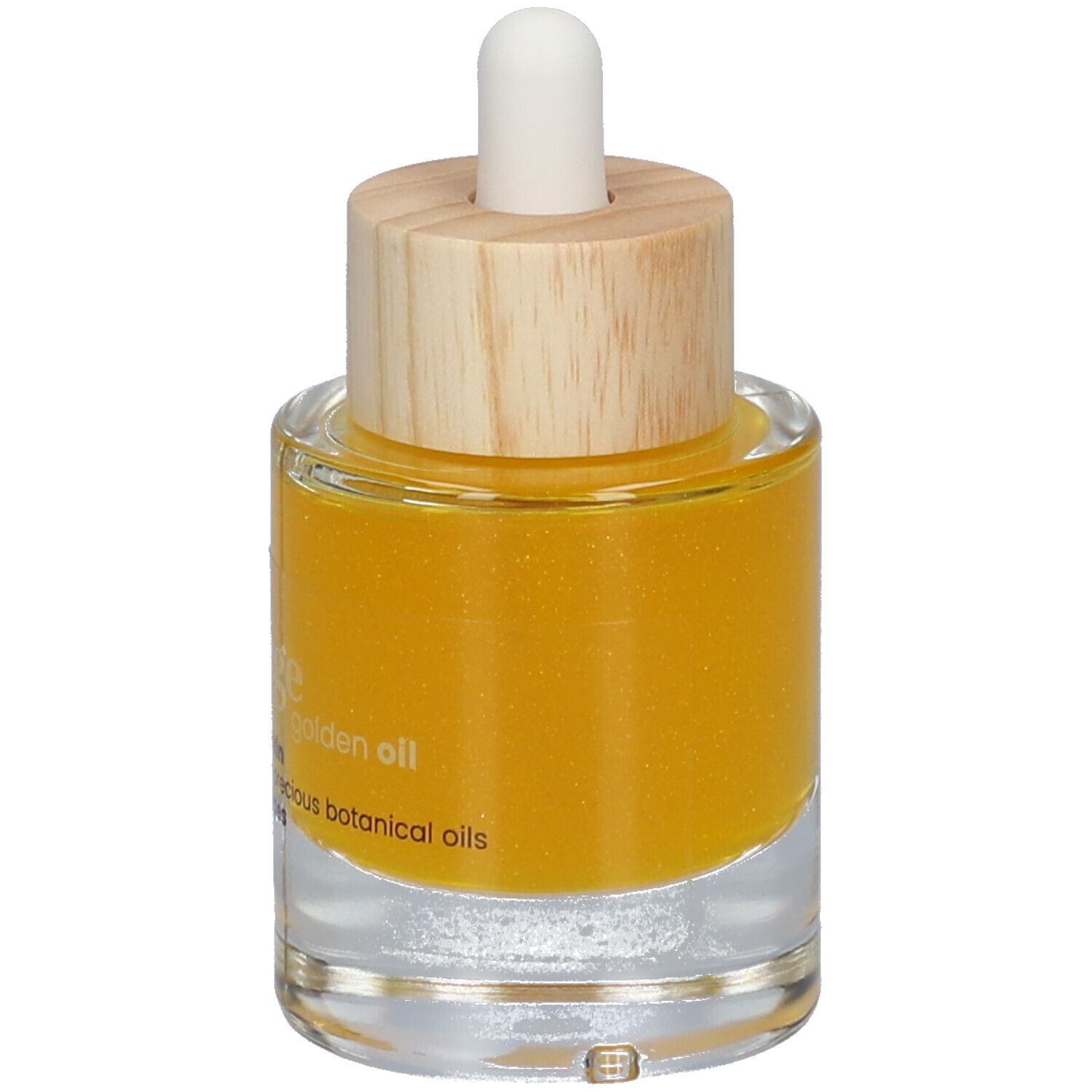 Glasflasche mit Holzdeckel und Pipette, gefüllt mit goldenem Öl.