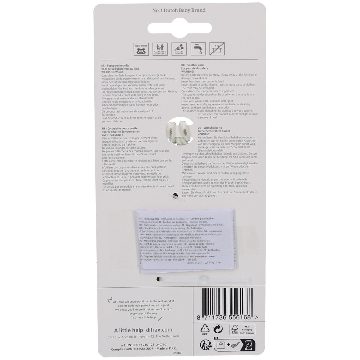 Rückseite der Verpackung mit Text in mehreren Sprachen. Enthält Informationen, Warnhinweise und Barcode. 'No. 1 Dutch Baby Brand' oben.