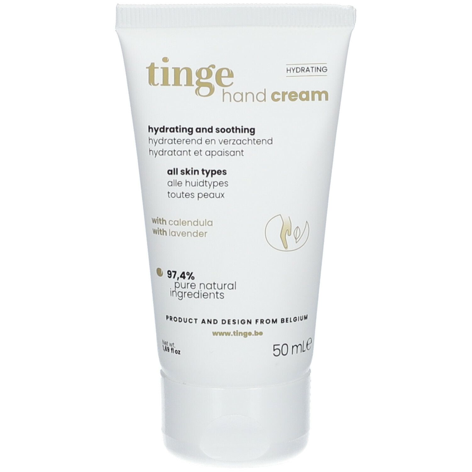 Tinge Handcreme Tube mit 50ml Inhalt, weiß mit goldener Schrift.