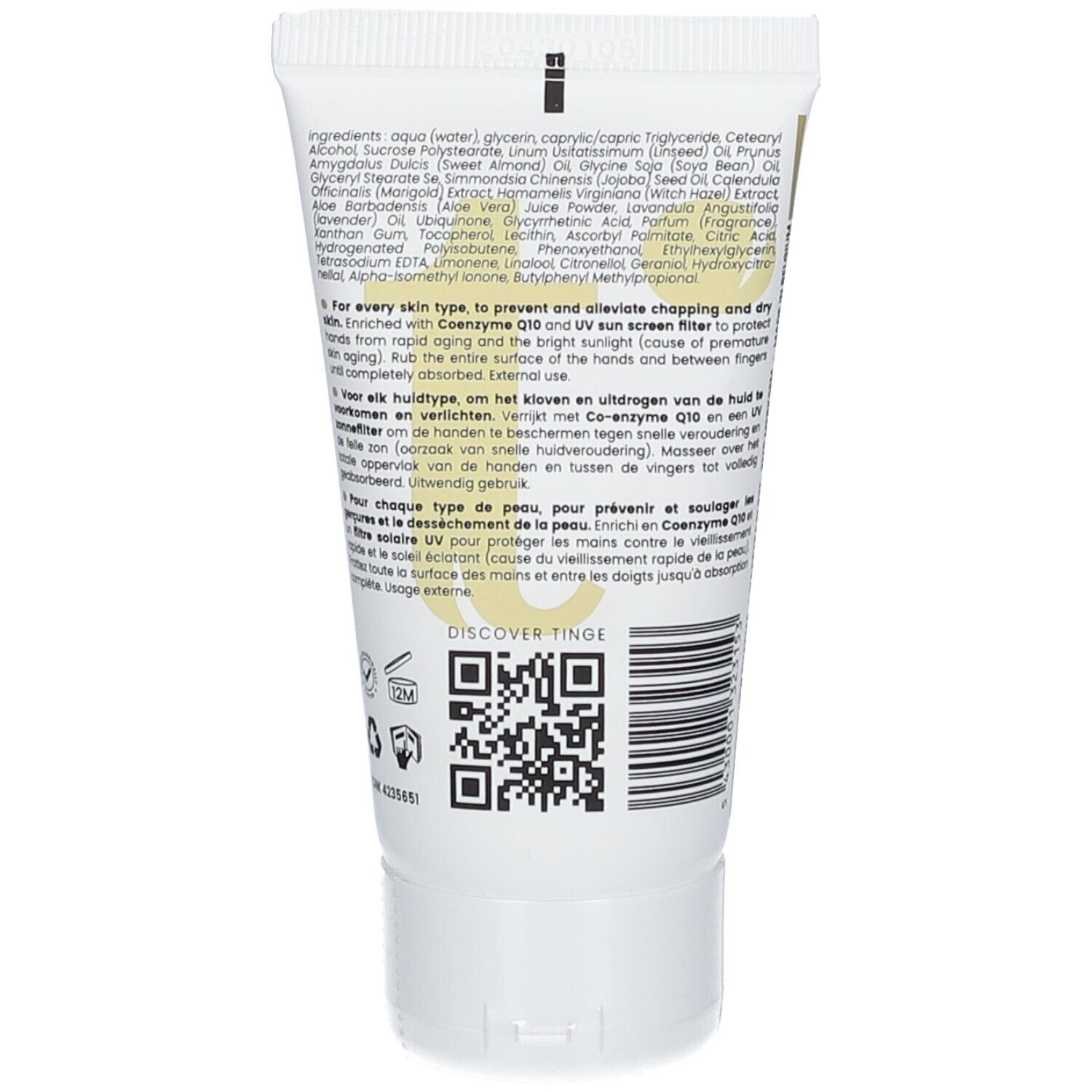 Rückseite einer Tinge Handcreme Tube mit Inhaltsstoffen und Anwendungshinweisen.