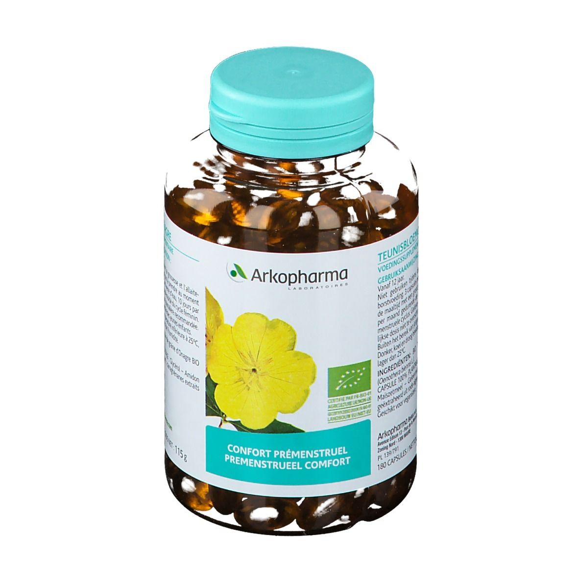 Kapseln in einer transparenten Flasche mit blauem Deckel. Aufkleber mit Produktinformationen und Arkopharma-Logo.