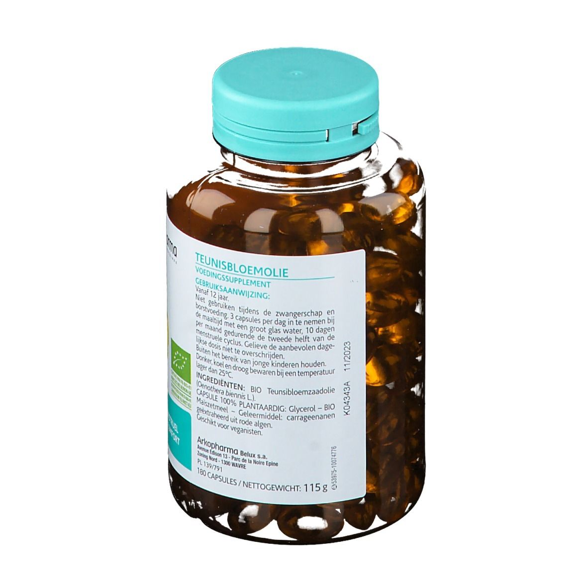 Rückseite einer Flasche mit Kapseln. Etikett mit Produktinformationen, Inhaltsstoffen und Arkopharma-Logo.