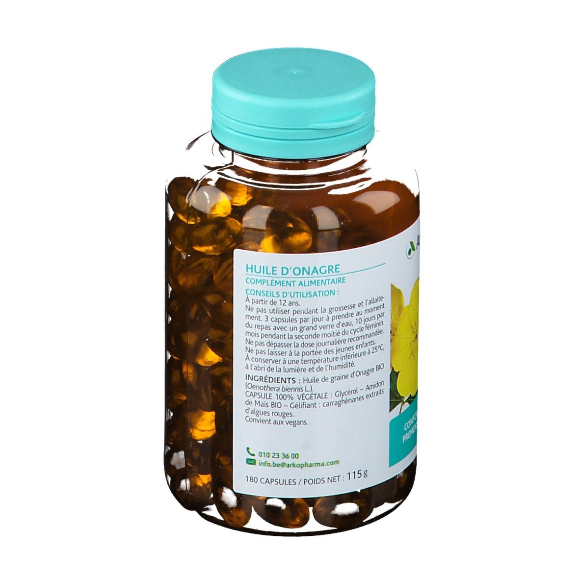 Rückseite einer Flasche mit Kapseln. Etikett mit Produktinformationen, Inhaltsstoffen und Arkopharma-Logo.