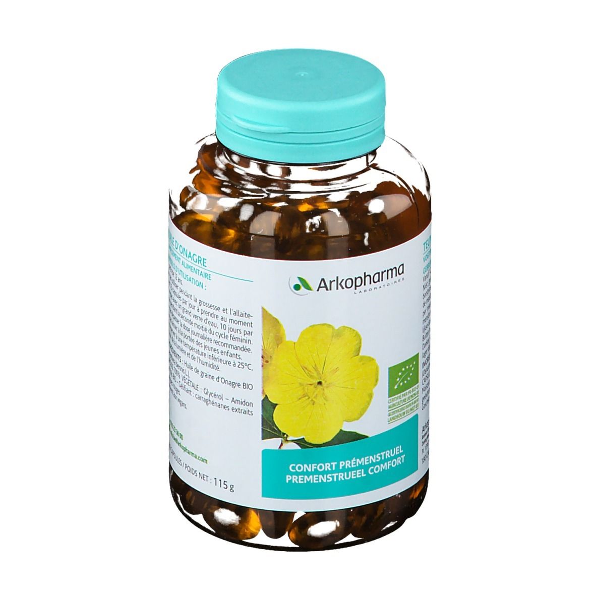 Flasche mit Kapseln, blauem Deckel und Etikett mit Produktinformationen und Arkopharma-Logo.