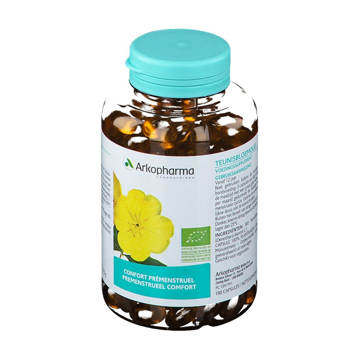 Flasche mit Kapseln, blauem Deckel und Etikett mit Produktinformationen und Arkopharma-Logo.